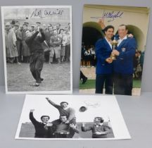 Golf autographs, three signed photographs, Olazabal (colour with Ryder Cup), Peter Alliss, black and