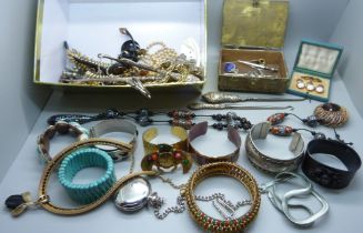A box of costume jewellery, watches, etc.