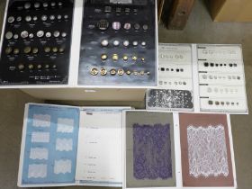 A collection of merchants/salesman samples, Chemical Lace, vintage buttons including 1980s