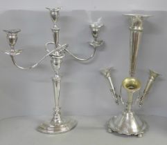 A silver plated candelabra and a silver plated epergne