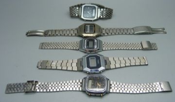 Five vintage digital wristwatches; Seiko, Timex, Omac, Beltime and Lorus