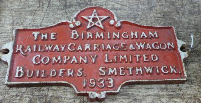 A cast metal railway sign, The Birmingham Railway Carriage & Wagon Company Limited, Builders,