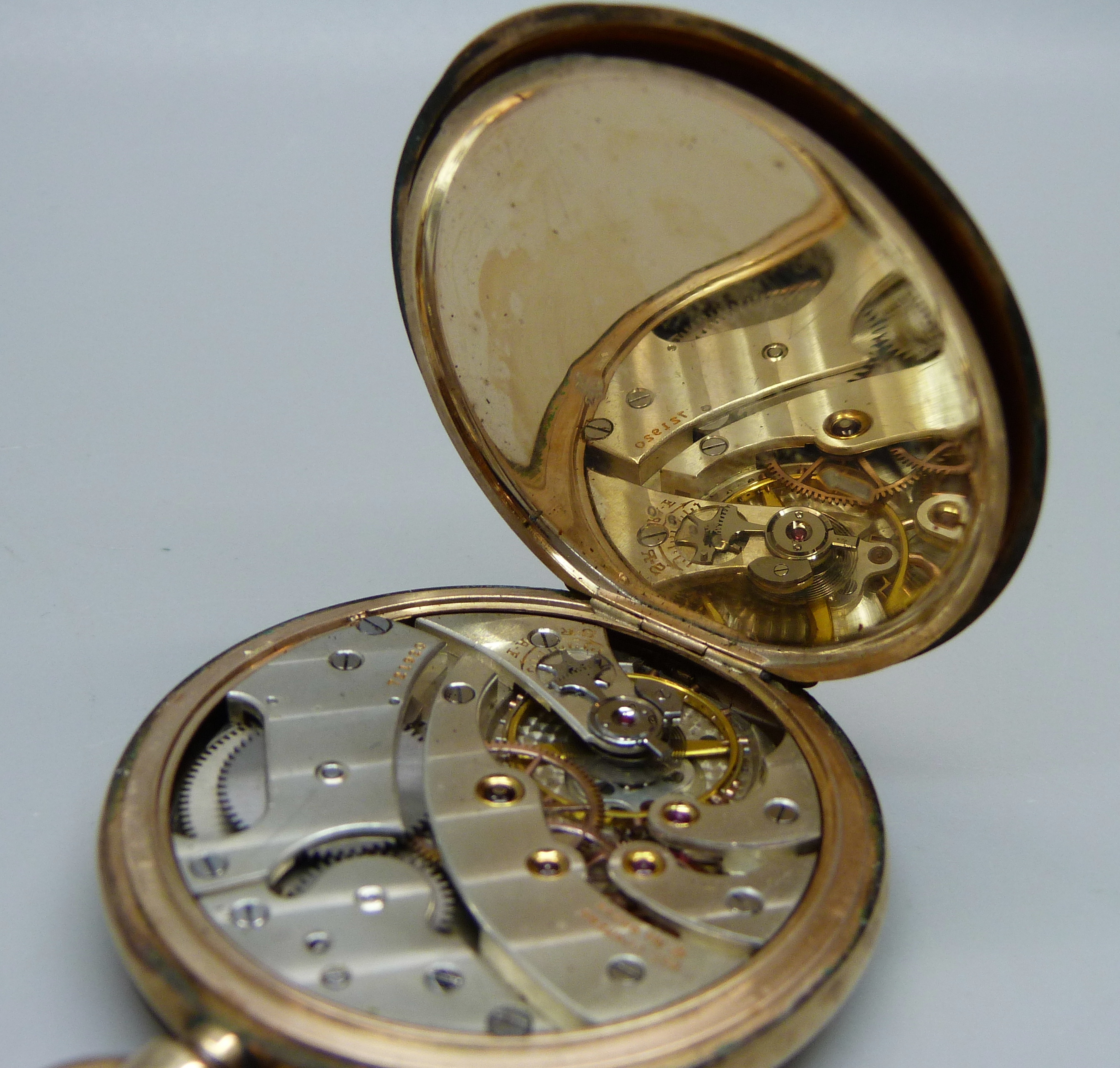 A 9ct gold full-hunter pocket watch, inner case 9ct gold, bears inscription dated 1928 and monogram, - Image 8 of 8