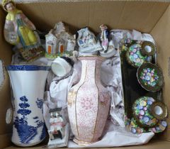 A Royal Doulton blue and white Willow pattern vase, a Mason's Empress vase and Staffordshire figures