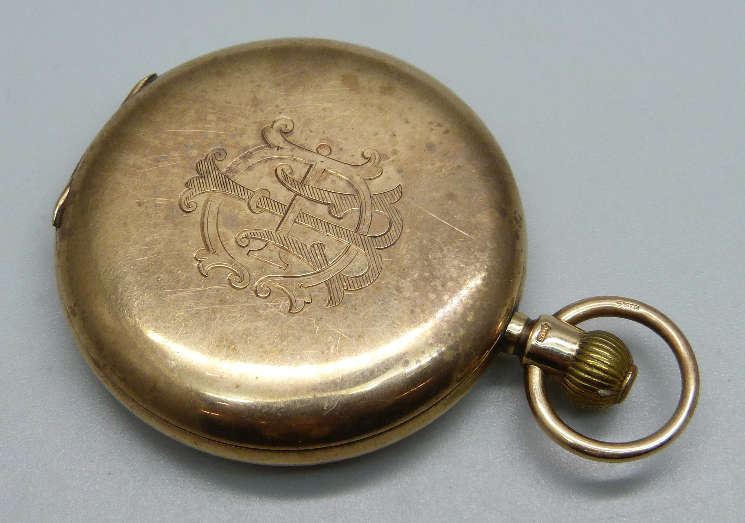 A 9ct gold full-hunter pocket watch, inner case 9ct gold, bears inscription dated 1928 and monogram, - Image 3 of 8