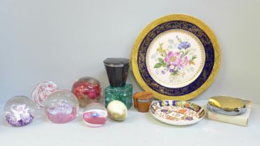 A Royal Crown Derby dish, a hand painted Limoges cabinet plate and a collection of paperweights