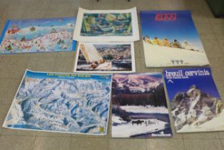 Seven large sports posters (A1) size); five winter sports and travel posters from the 1970s, a ski
