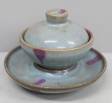 A Chinese bowl with lid on stand, 9.5cm tall