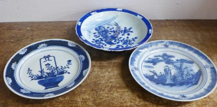 Three items of Chinese blue and white porcelain; two plates and a dish, two a/f
