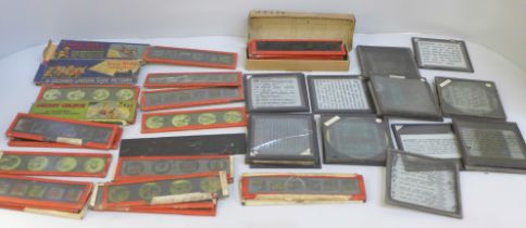 Cartoon lanern slides and a small collection of lantern slides of Christian scripture