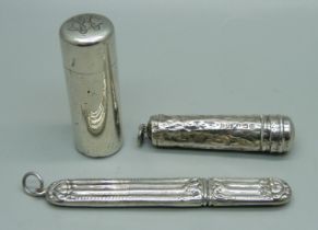 A Victorian silver scent bottle, London 1883 by Sampson Mordan, lacking stopper, a silver cheroot