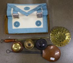 A Masonic apron, boxed, Bakelite tobacco jar, two brass and copper caddies, copper chestnut