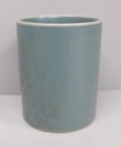 A Chinese sky blue glaze cylindrical pen container with six character mark to base, 9.5cm