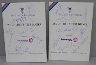 Cricket autographs, two eve of Lord's Test Dinner Menus both from 24th July 2002, held at the London