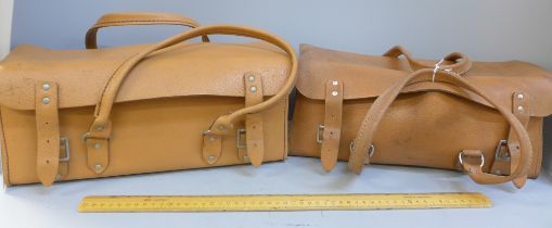 Two British Railways leather bags and a BR 18" wooden ruler
