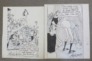 Football original cartoon artwork, Roy Ullyett (1914-2001), two original pen and ink and blue crayon