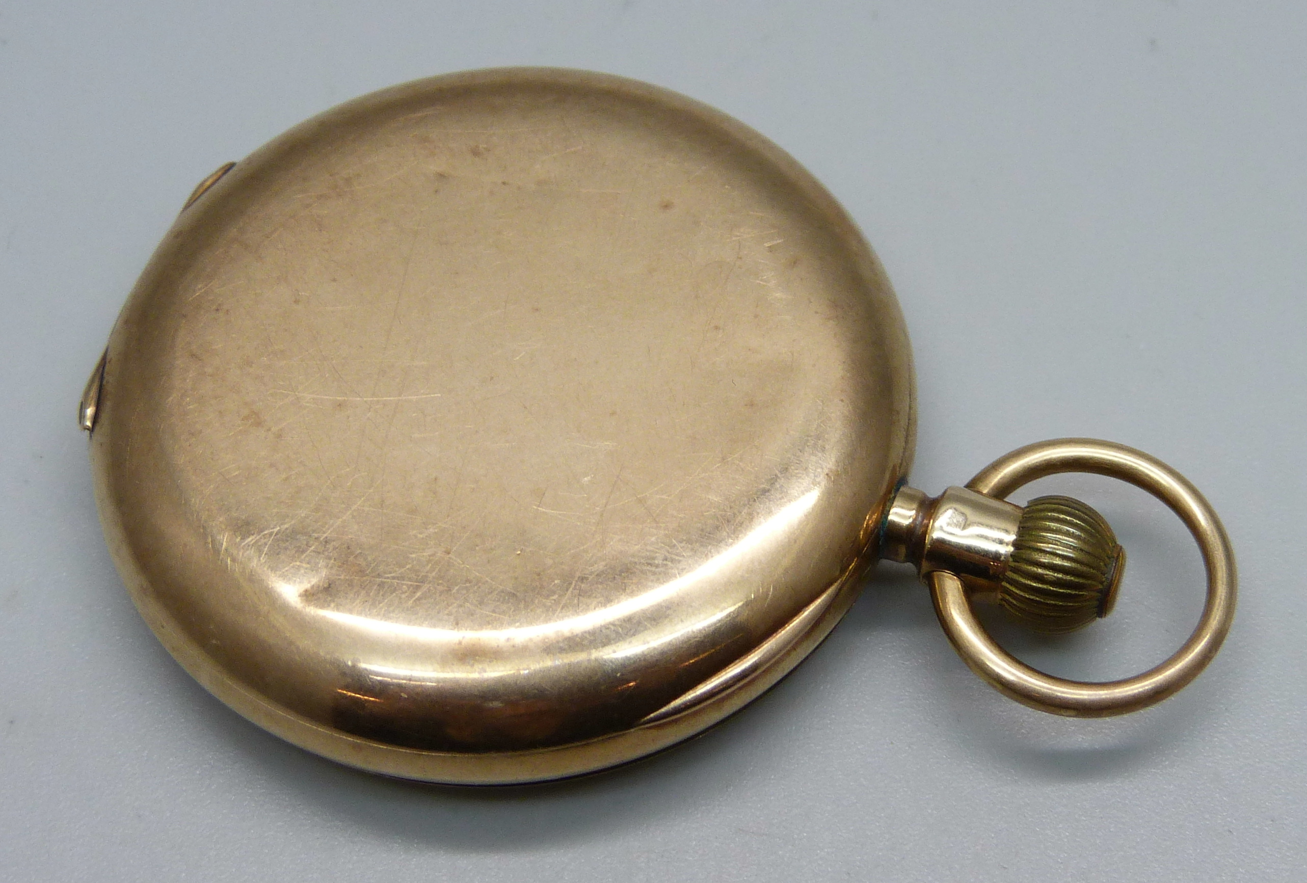 A 9ct gold full-hunter pocket watch, inner case 9ct gold, bears inscription dated 1928 and monogram, - Image 4 of 8