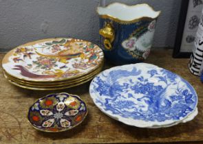 Six Royal Crown Derby plates, a planter and a Lynton porcelain dish