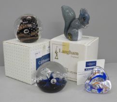 A Langham glass squirrel, two Caithness paperweights, Moonflower and Gold Rush and a Caithness