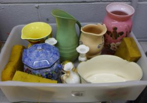 A box of mixed china, painted pink glass vase, a Royal Cauldon Art Deco jug, Burslem ware jug,
