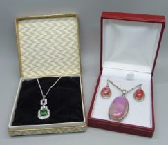 A silver and pink stone set pendant and chain and earrings set, and a silver, green and white