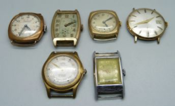 Six gentleman's mechanical wristwatches, one lacking glass