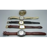 Five wristwatches, Rotary, Troika, Lotus, Timex automatic and Ruhla