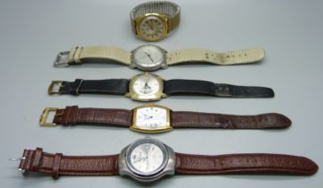 Five wristwatches, Rotary, Troika, Lotus, Timex automatic and Ruhla