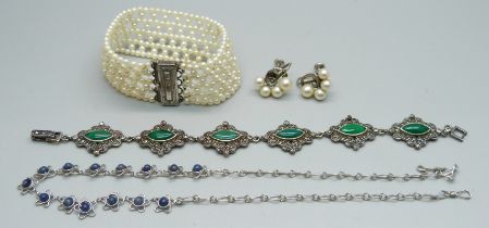 A silver and marcasite bracelet, silver and cultured pearl earrings, a miniature pearl bracelet with
