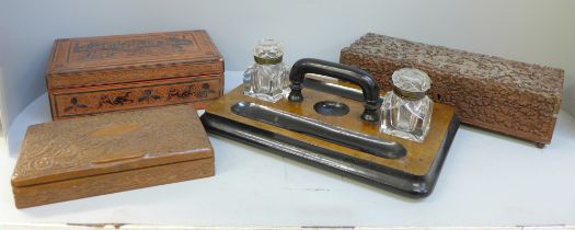 Two carved Indian boxes, one a/f, one other and an Edwardian desk stand
