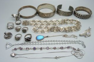 Silver and white metal jewellery, including a Victorian silver bangle, Birmingham 1876, two other