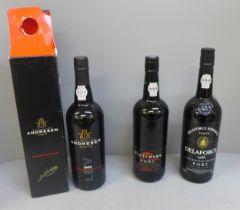 Three bottles of port; Andresen late bottled vintage; Delaforce 1988 and Fletcher's fine ruby **