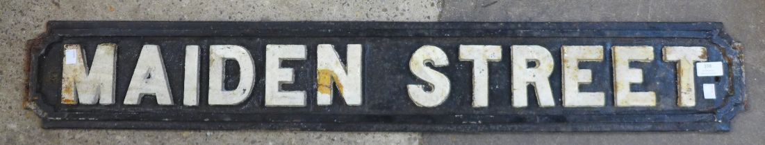 An early 20th Century cast iron Maiden Street sign