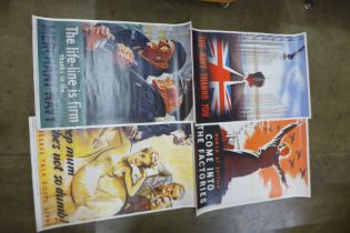 Four WWII related posters; Women of Britain Come Into The Factories Keep Mum She's Not Dumb,