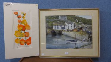 S. Burden, coastal landscape, watercolour, framed and a Jean Pictah floral watercolour