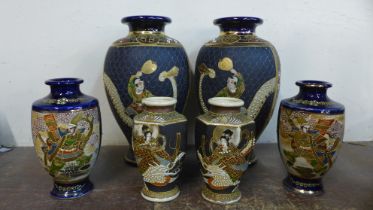 Three pairs of Japanese Satsuma porcelain vases