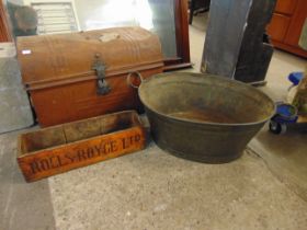 A small tin trunk, a Rolls-Royce advertising trug and one other