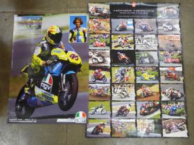 Two motorcycle posters, Honda Heroes Souvenir Poster, 1998 and a double sided poster, Valentino