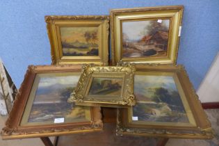 Five assorted English School oil paintings, all framed