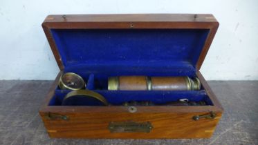 A cased Henry Barrow & Co., telescope, compass and magnifying glass