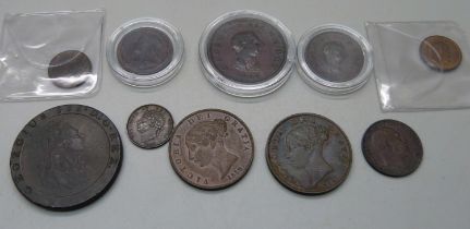 A collection of coins, George III to Edward VII, including three Third-farthings, George IV 1827,