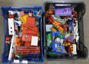 A box of mixed die-cast model vehicles, Matchbox, etc., and a box of Transformer figures **PLEASE