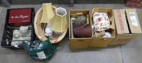 Five boxes of household items, kitchenalia, glass, wicker laundry basket, a pair of table lamps, a
