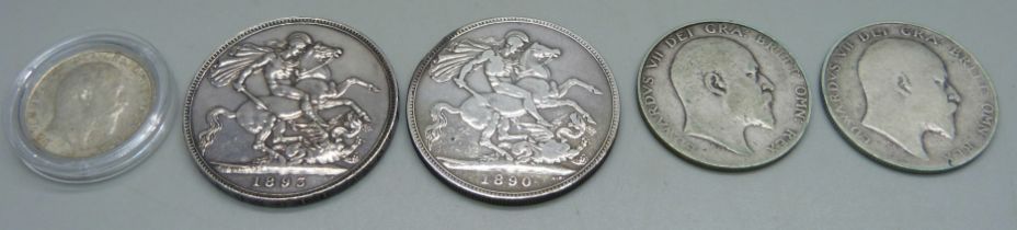 Two Victorian silver crowns, 1890 and 1893, and three Edward VII coins