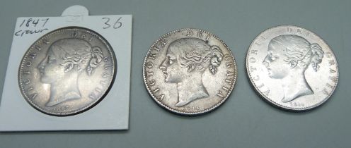 Three Victorian silver crowns, 1844 x 2 and 1847