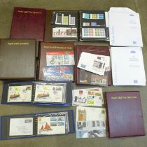 Two small albums of first day covers, a part album of unused stamps, five empty stamp albums and a