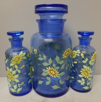 A blue glass and enamel lidded jar and a pair of two smaller **PLEASE NOTE THIS LOT IS NOT