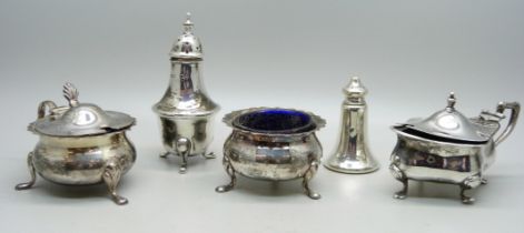 Two silver pepper pots and three silver condiments, 164g