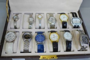 A watch box containing twelve lady's and gentleman's wristwatches including Limit, Pulsar, etc.