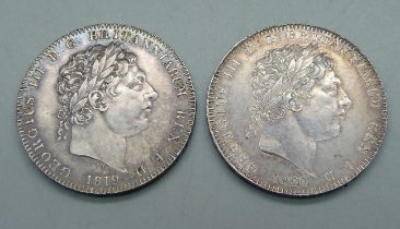 Two George III silver crowns, 1819 and 1820